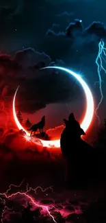 Silhouetted wolf under crescent moon with vibrant sky.