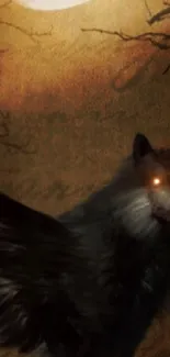 Mystical wolf in moonlit forest with glowing eyes and dark atmosphere.