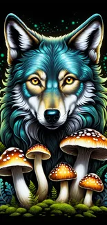 Artistic wolf with mushrooms in fantasy scene.