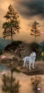 White wolf in serene forest with pink petals and golden sky.