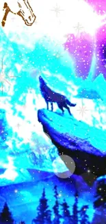 A mystical wolf howls under a vibrant, starry night sky.