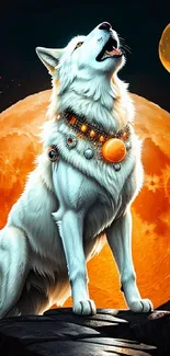 Mystical wolf howling at the glowing orange moon with cosmic jewelry.