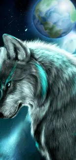 Majestic wolf and glowing planet mobile wallpaper with teal and blue accents.