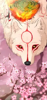 Mystical white wolf with red markings above blooming sakura branches in fantasy art.