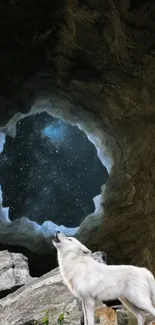 A wolf howling beneath a starry cave opening.