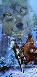 Fantasy wallpaper with a wolf and Native American warrior in snowy mountains.