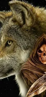 Majestic wolf with hooded warrior artwork wallpaper.