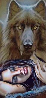 Mystical artwork of a woman lying beneath a powerful wolf, set in a fantasy style.