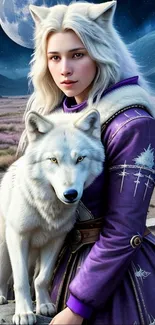 Fantasy art of a woman with a white wolf under a moonlit sky, wearing purple.