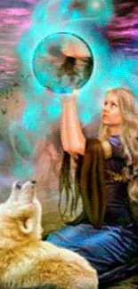 Woman holding orb with wolf in fantasy scene.