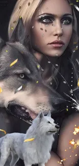 Mystical image of a woman with wolves, featuring ethereal and shimmering details.