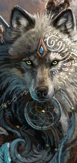 Intricate mystical wolf design with earthy tones.