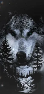 Artwork of a mystical wolf blending into a shadowy forest landscape.