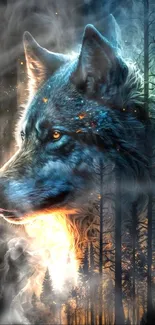 Mystical wolf art with dark forest background.