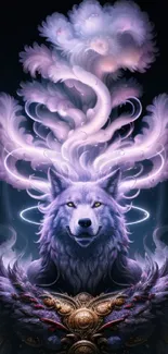 Mystical wolf with purple aura in a fantasy art design.