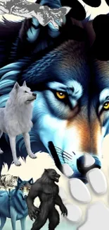 Artistic wallpaper featuring mystical wolves with vibrant blue and golden hues.