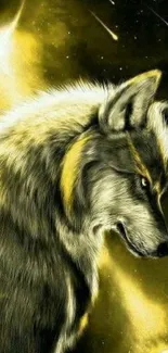 Mystical wolf in golden hue digital wallpaper art.