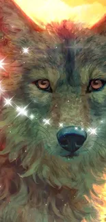 Mystical wolf art wallpaper with celestial design and vibrant colors.