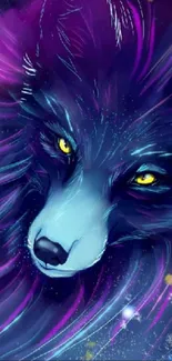 Mystical wolf with vibrant purple mane in digital art wallpaper.