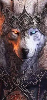 Mystical wolf with glowing eyes in a detailed fantasy artwork.