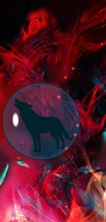 Wolf silhouette with vibrant red and blue abstract art design.