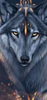 Mystical dark gray wolf with celestial markings.