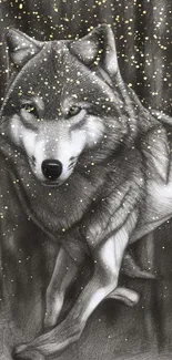 Artistic wolf wallpaper set against a starry night backdrop.