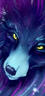 A mystical neon wolf with glowing eyes in vibrant colors set as a mobile wallpaper.