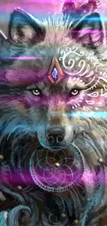 Mystical wolf with dreamcatcher art design, vibrant colors, mobile wallpaper.