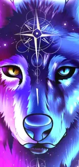 Mystical wolf art with vibrant colors and celestial design enhancing your phone screen.