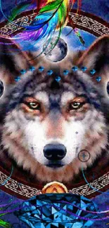 Mystical wolf wallpaper with celestial and feather elements.