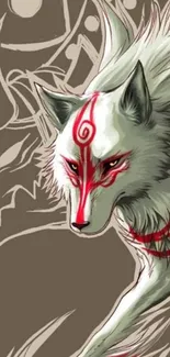 Ethereal wolf with red markings on taupe background.