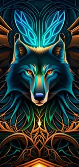 Mystical wolf with vibrant colors and intricate design, perfect for a phone wallpaper.