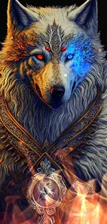 Fantasy wolf with blue and orange flames, intricate design.