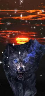 Mystical wolf with blue eyes under a sunset sky with stars.