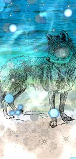 Mystical wolf standing on a beach with turquoise blue ocean background.