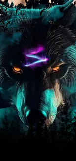 Mystical wolf with teal aura and glowing eyes in a dark forest setting.