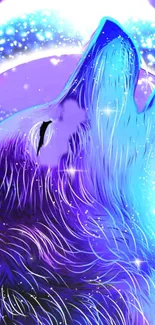 Mystical blue wolf glowing under starry cosmic sky wallpaper.