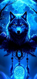 Mystical blue wolf against full moon with dreamcatcher accents.