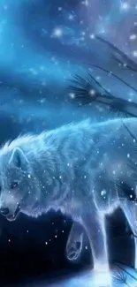 Wolf walking through moonlit forest with falling snow.