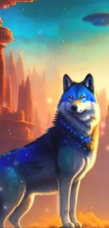 A mystical wolf stands in a vibrant canyon with a UFO above.