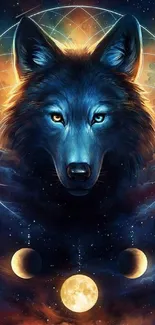 Mystical wolf with celestial moons and vibrant blue tones.