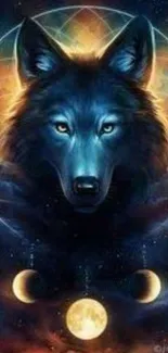 Mystical wolf with lunar symbols in celestial art style.