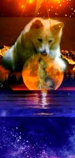 Mystical wolf with sunset and ocean theme wallpaper.