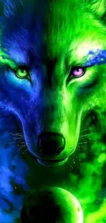 Mystical green and blue cosmic wolf wallpaper with celestial background.