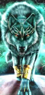 Mystical turquoise wolf in a cosmic setting with celestial elements.