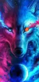 Mystical cosmic wolf with vibrant blue and pink hues in space theme.