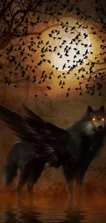 Winged wolf in mystical dark forest with moonlight and mist.