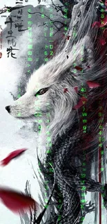 Mystical wolf with red accents in abstract digital art.