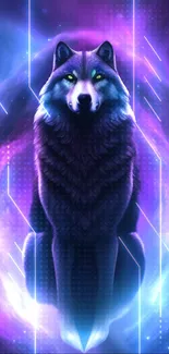 Mystical wolf sitting in neon glow, digital art wallpaper.